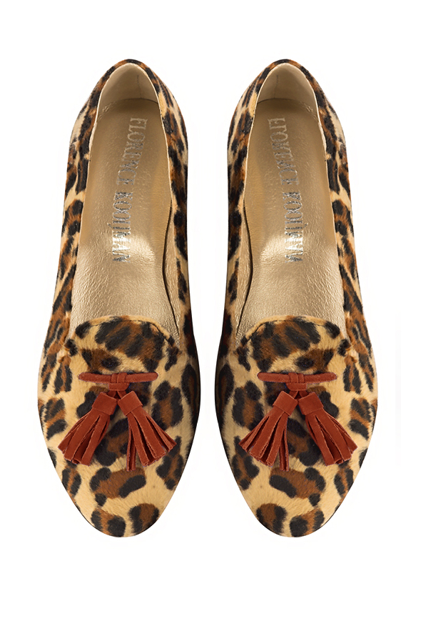 Safari black and terracotta orange women's loafers with pompons. Round toe. Flat leather soles. Top view - Florence KOOIJMAN